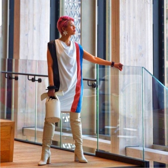 ZARA Color Block Knee-length Cowl Neck Dress White Ecru Black Blue Sleev… - Picture 5 of 16